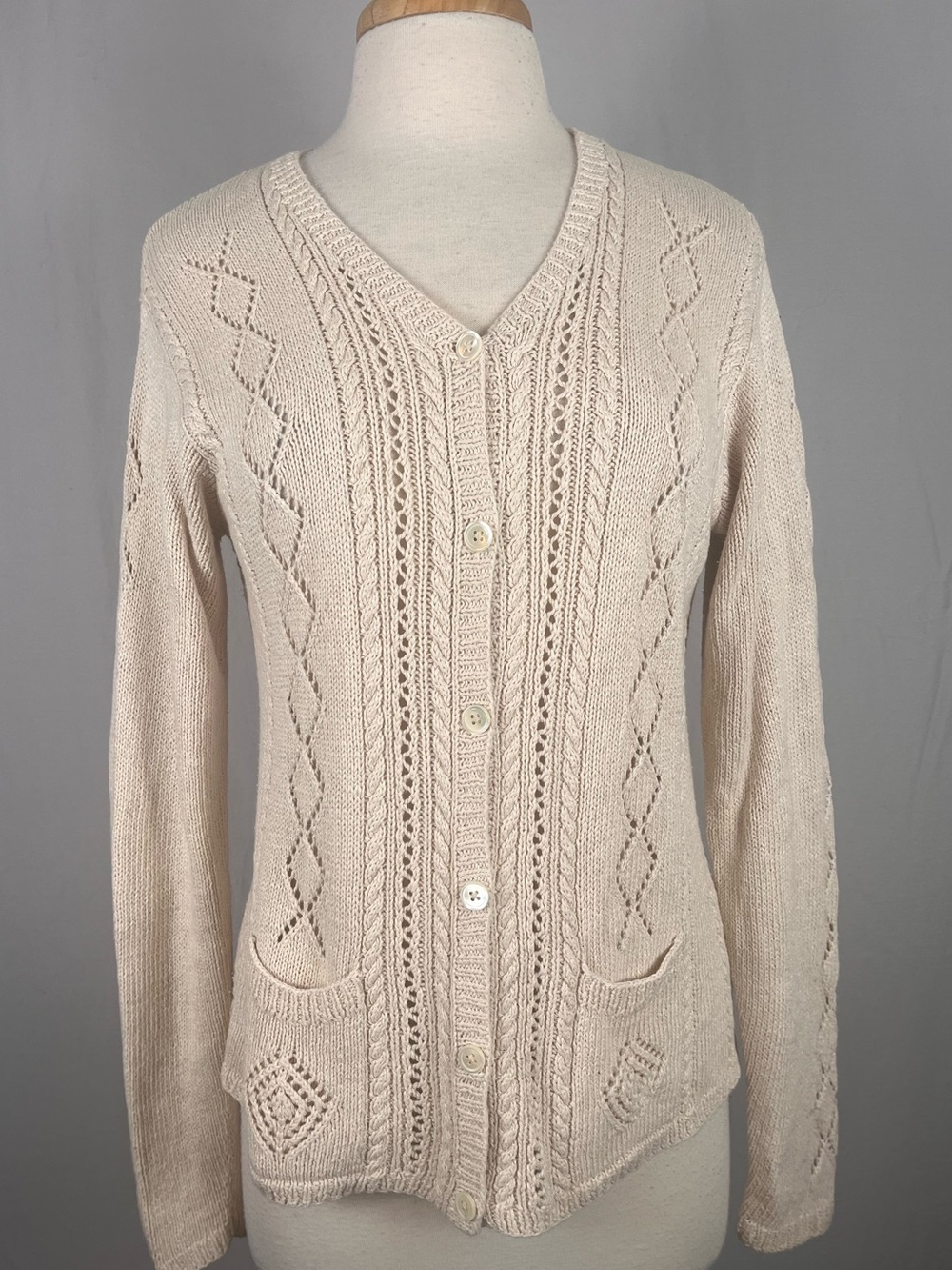 Lauren Ralph Lauren Hand Knit Cardigan Sweater Medium Cable Knit Cream Linen